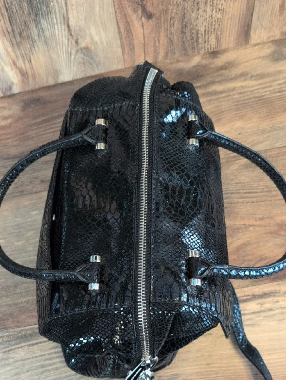 Michael Kors Glossy Snake-Embossed Python Satchel with MK Medallion M478